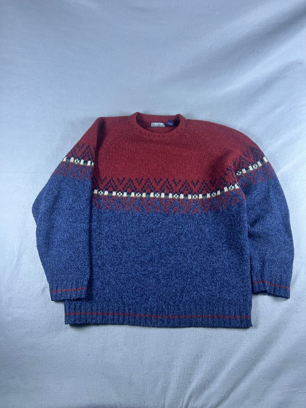 Vintage Structure Sweater Mens L Red Blue New Shetland Wool Fair Isle Pullover